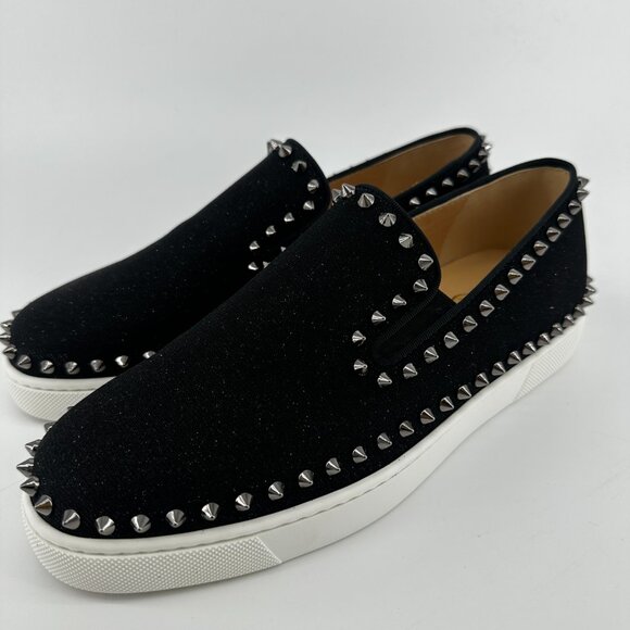 Louboutin Black GLITTER Slip On's with Silver Studs - Size 39 - Picture 4 of 10